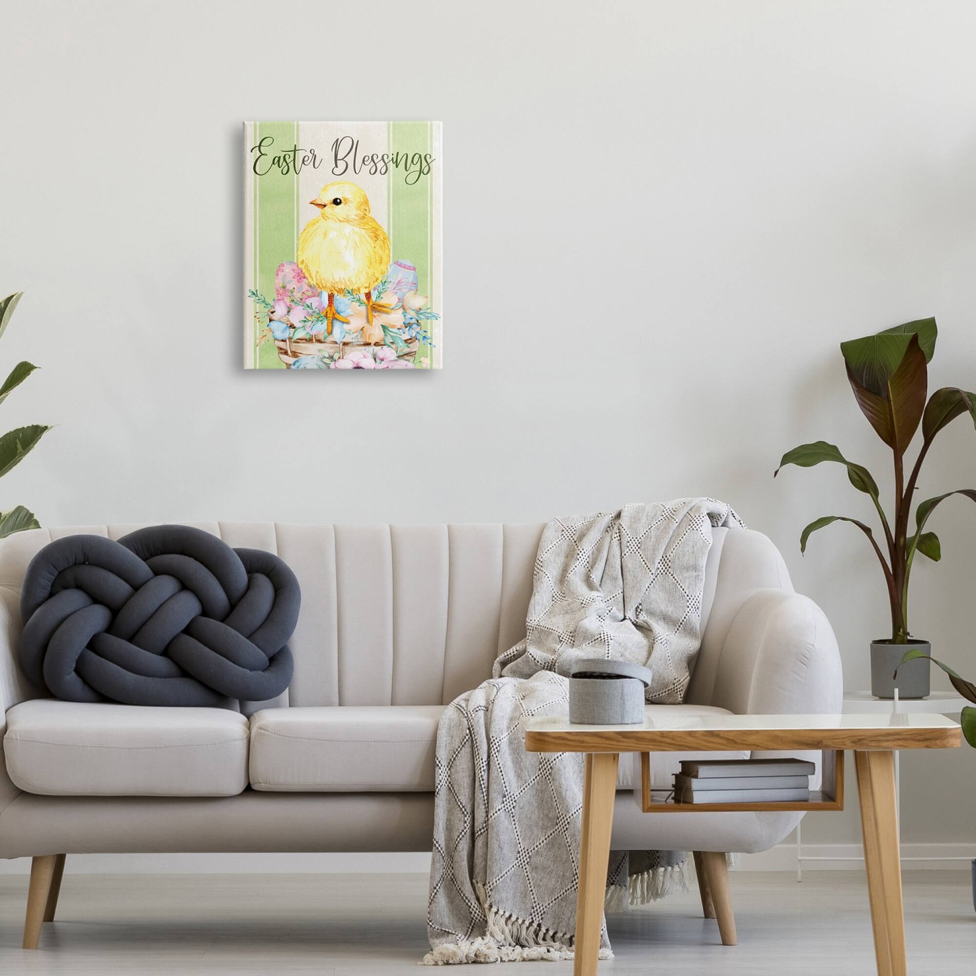 Stupell Industries Easter Blessings Text Striped Yellow Chick Egg Basket Canvas Wall Art
